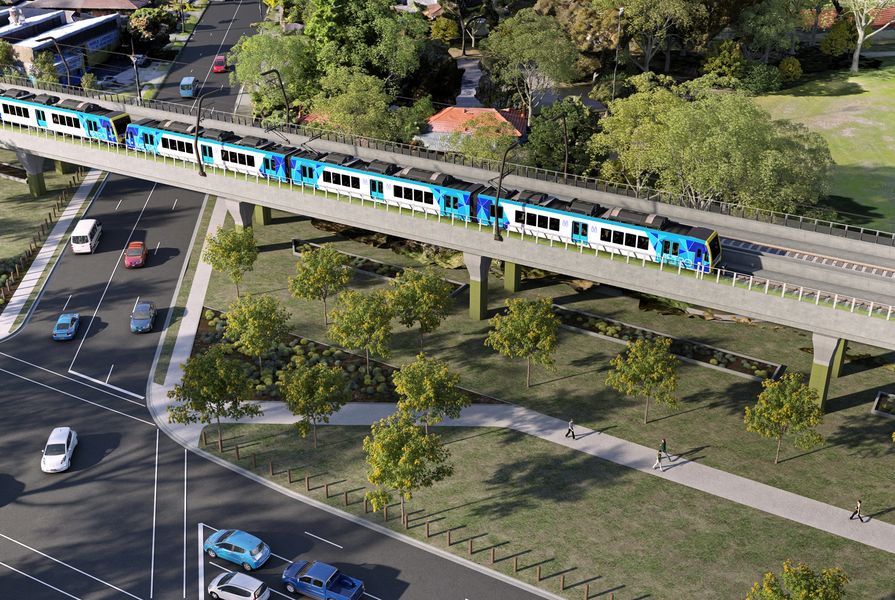Proposal to elevate sections of the Dandenong-Cranbourne line in Melbourne designed by Cox Architecture and Aspect Studios.