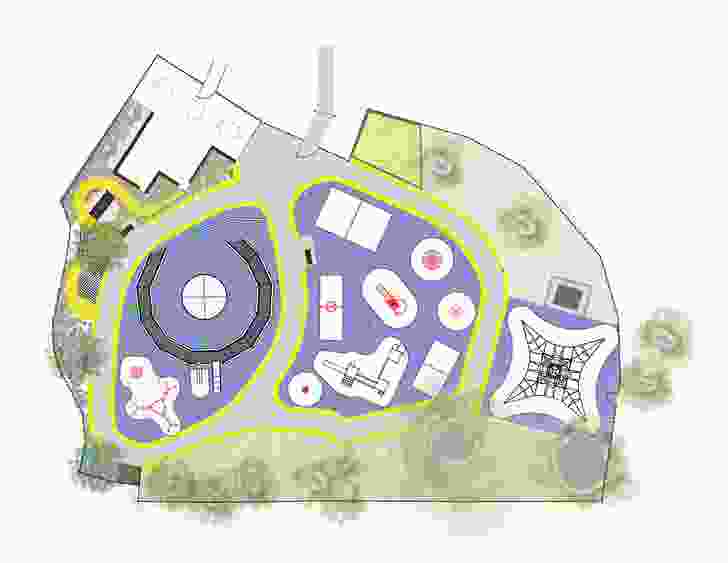The playground includes a sensory maze and a snakes and ladders activity path, alongside modified playground equipment.