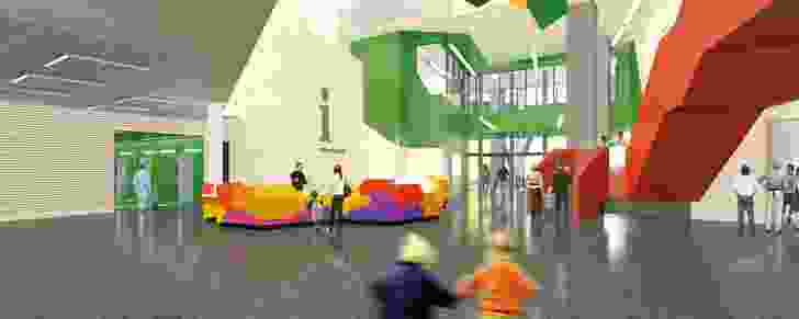 A render of the Queensland Children's Hospital reception area.