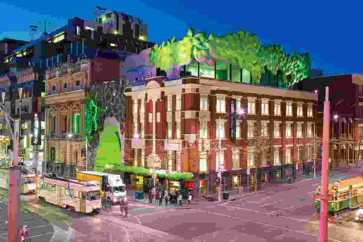 The corner of Swanston and La Trobe Streets in Melbourne, showing RMIT Green Brain (2010) and adjacent RMIT Storey Hall (1995).