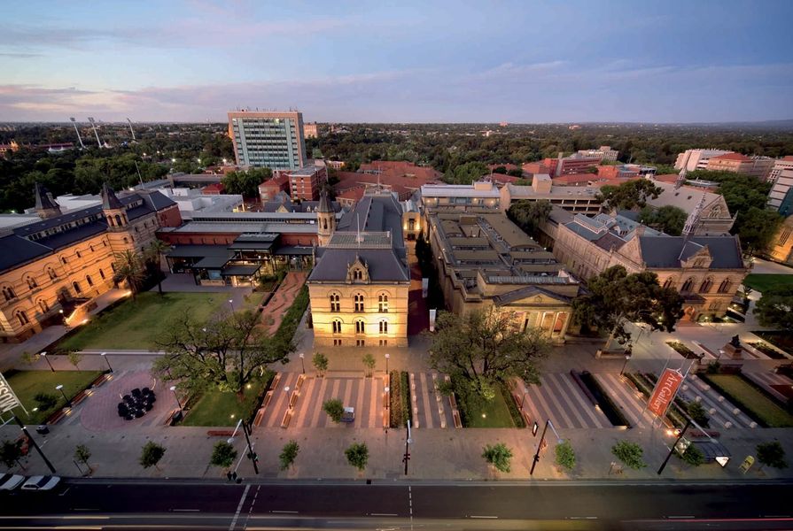 Aerial view of stage one of the North Terrace redevelopment. (L) South Australian Museum forecourt (R) Art Gallery of South Australia.