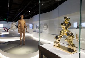 Out of Hand: Materialising the Digital installed at the Powerhouse Museum. Works shown: Untitled #5 by Richard Dupont (left) and Perfect Forms by Barry X Ball (right).