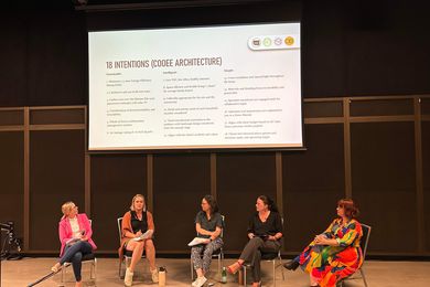 Sarah Lebner (second from right) in her panel on "What are we practising for?" at the 2023 Australian Architecture Conference.