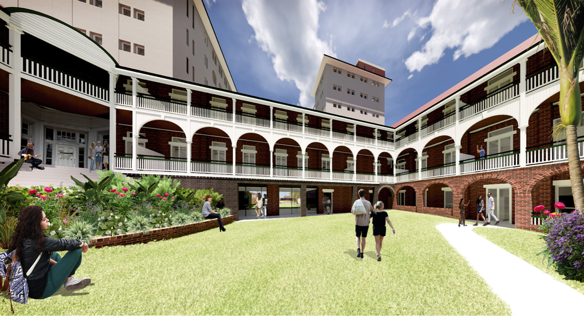 A rear courtyard view of the redeveloped Lady Lamington Nurses Home by Nettleton Tribe.