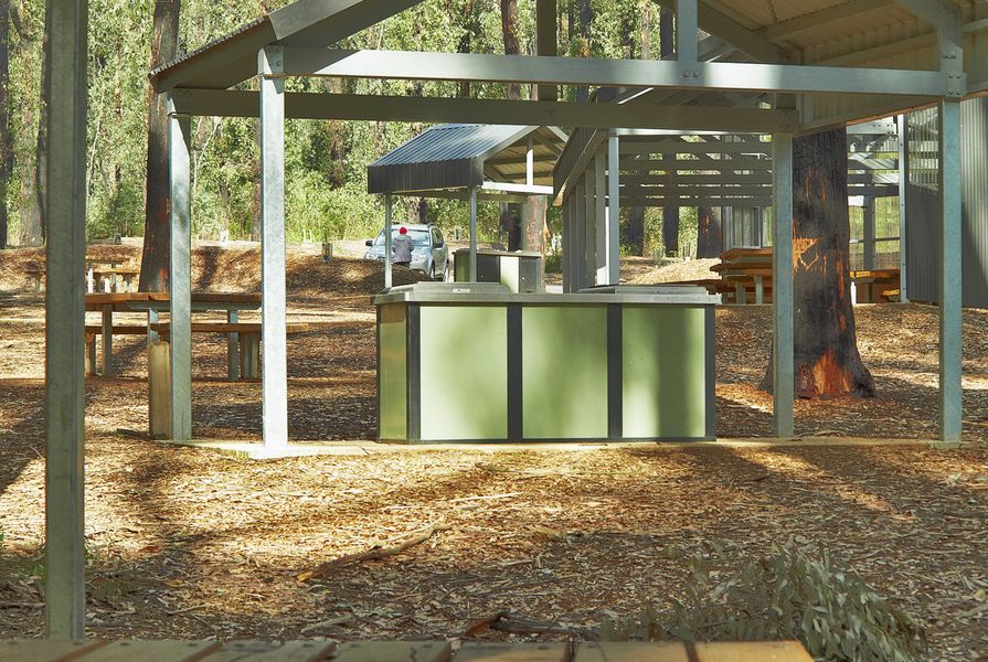 Parksafe barbecues, installed in Kinglake National Park. The self contained, fully enclosed barbecues are available in 750 mm square modules. Fascia panels come in a choice of five powder coated colours.