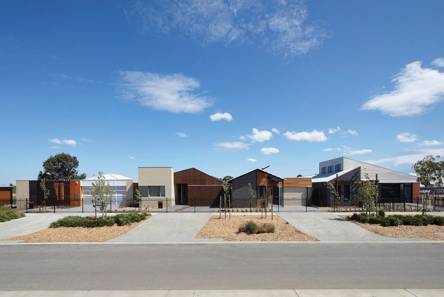 The five Habitat 21 show homes sit by side by side at the Dandenong site, as models for afforable architecturally designed housing.