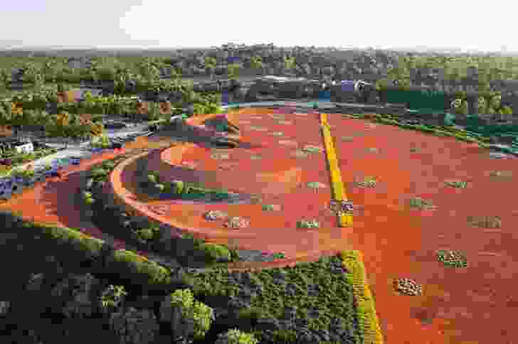 The central sand garden at the Royal Botanic Gardens’ Australian Garden, at Cranbourne in Victoria is an abstraction of Australia’s red, arid centre.