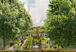 Hassell and SO–IL's proposed elevated inner-city park for Southbank's arts precinct.