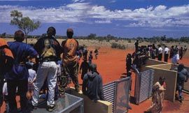 Scenes from the opening of the Tjulyuru Ngaanyatjarri Centre, which Inside Out Architects designed to support and encourage existing living practices, etiquette and knowledge systems. The centre is described by Mike Parsons as demonstrating the shift in Aboriginal tourism from “presenting culture as an object... to culture as a subject”.