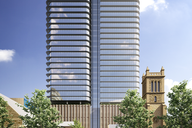 The 28-storey office tower will be developed behind Trinity Church on North Terrace.