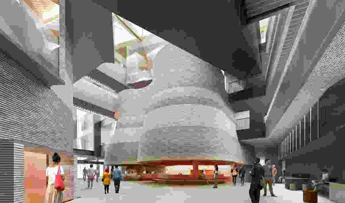 A sculptural "kiln" form which contains learning spaces in the Learning and Teaching Building by John Wardle Architects.  