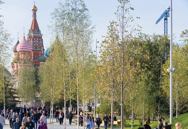 The colourful domes of Moscow’s St Basil’s Cathedral filtered through a grove of silver birch trees in the city’s new Zaryadye Park.