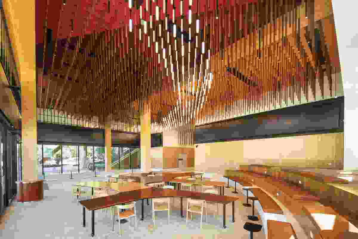 The Fulcrum Agency designed the south entry lounge, which extends the project’s timber sensibilities.