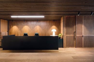 Spotted gum and cedar are used in the reception area, including a signature circular pattern perforated across standout panels of the gum.