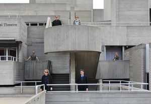 The 2019 Dulux Study Tour group at the National Theatre by Denys Lasdun and Partners. L–R: Phillip Nielsen, Carly McMahon, Ben Peake, Alix Smith, Jennifer McMaster and tour guide David Garrard.