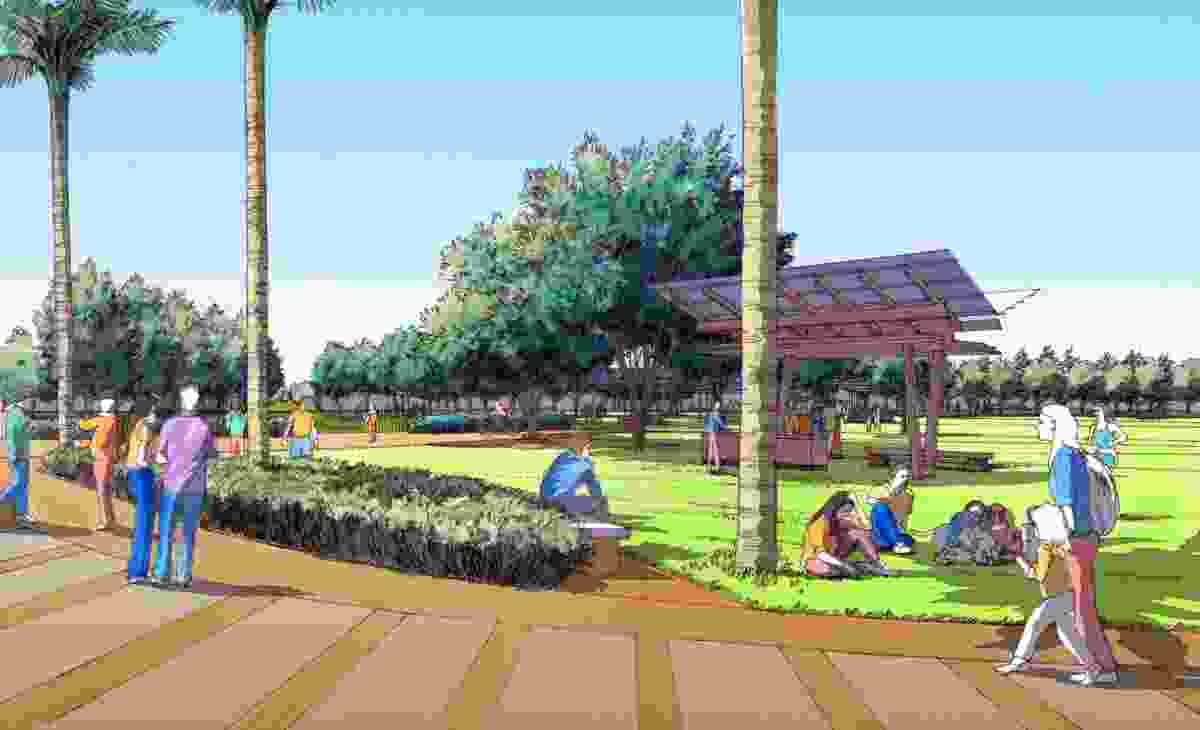 Artist’s impression of the developed Bendigo Botanic Gardens, White Hills from the western entrance path looking over the events/training space to the BBQ area and Children’s garden. 