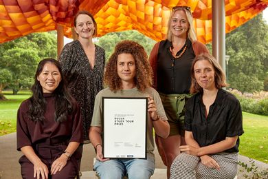 The winners of the 2023 Australian Institute of Architects' Dulux Study Tour, L–R: Tiffany Liew, Edwina Brisbane, Bradley Kerr, Sarah Lebner and Ellen Buttrose.