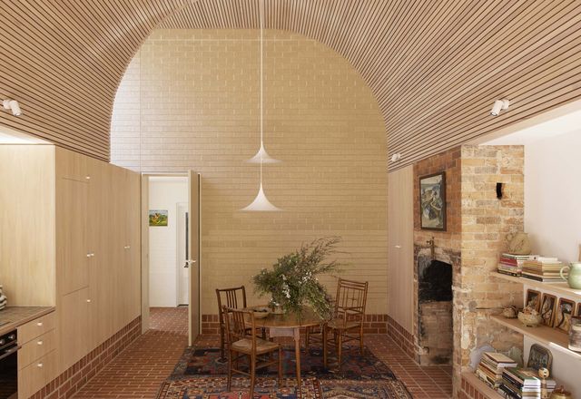 Small in scale, the addition offsets a restrained brick shell with a whimsical vaulted ceiling. Artworks (L–R): Josey Kidd-Crowe, unknown.
