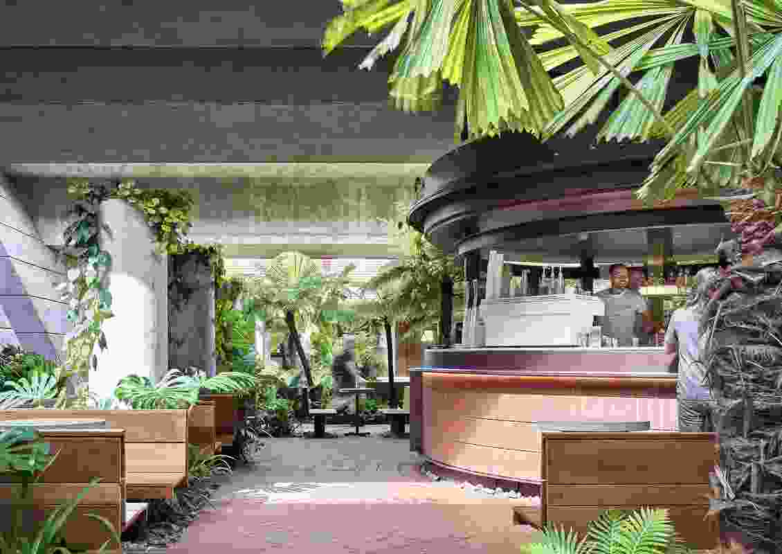 Nestled within exuberant plantings, a materially rich and elegantly formed central cafe offers food and beverages.
