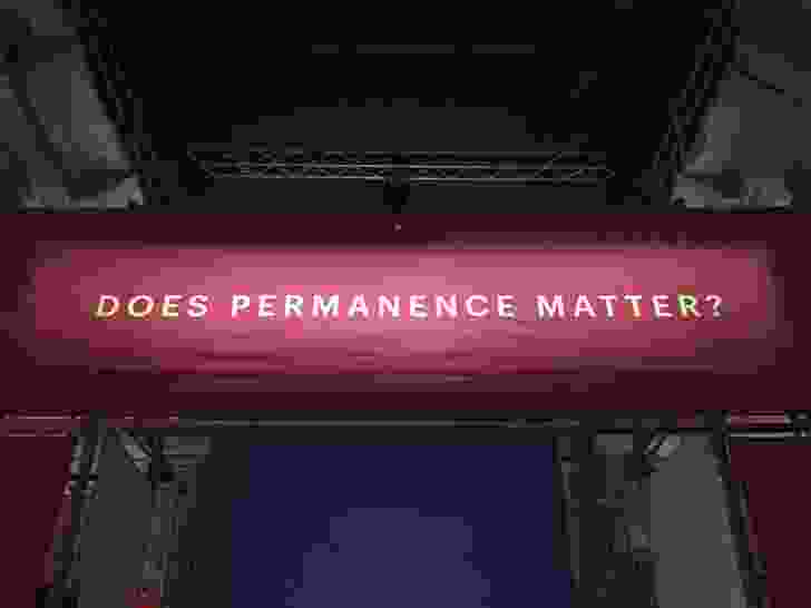Signage reading “Does permanence matter?” at the entrance to the Arsenale.