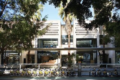 White brickwork sharply defines the form.