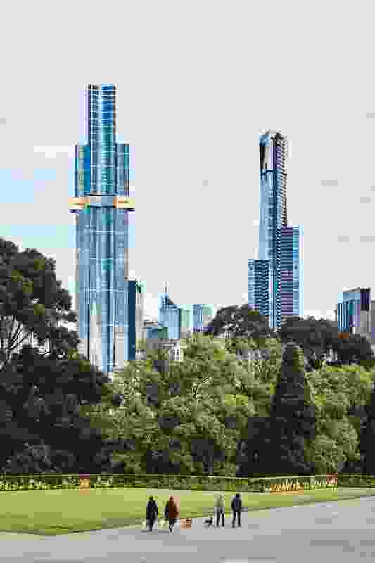 The small site necessitated a slender tower while a curvy silhouette was used to mitigate adverse aerodynamic effects.
