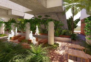 The proposed town square designed by Richards and Richards and Spence and RPS Group will extend beneath a railway overpass.